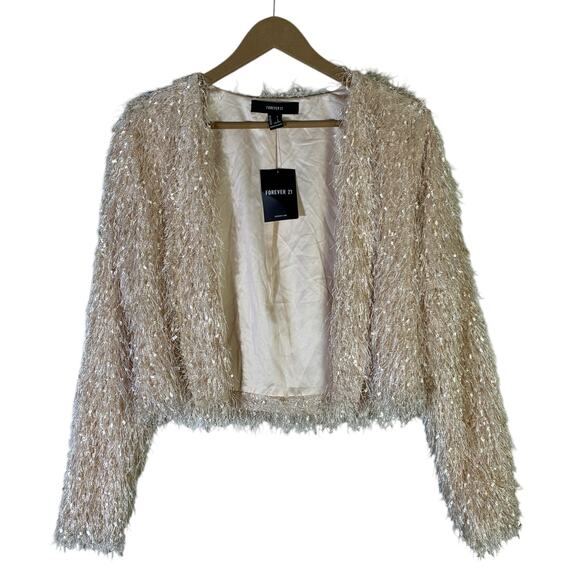 NWT Forever 21 Shaggy Metallic Open Front Jacket Womens S Beige Sparkly Glam NYE - Picture 2 of 6